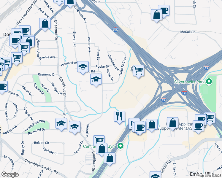 map of restaurants, bars, coffee shops, grocery stores, and more near 2918 Arbor Creek Lane in Atlanta