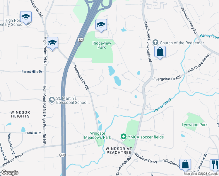map of restaurants, bars, coffee shops, grocery stores, and more near 255 Northland Ridge Trail Northeast in Atlanta