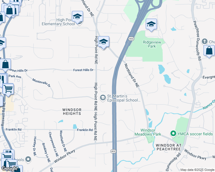 map of restaurants, bars, coffee shops, grocery stores, and more near 135 High Point Walk Northeast in Atlanta