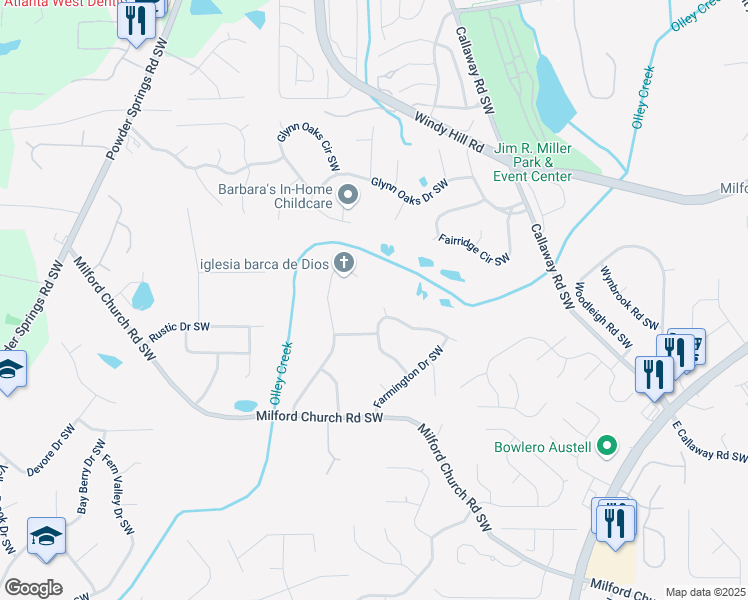 map of restaurants, bars, coffee shops, grocery stores, and more near 2555 Angus Court Southwest in Marietta