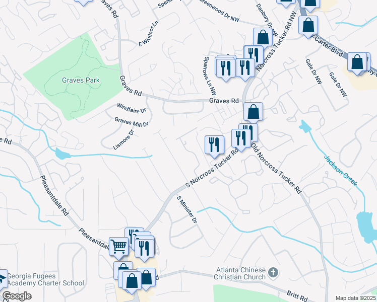 map of restaurants, bars, coffee shops, grocery stores, and more near Branch Drive in Gwinnett County