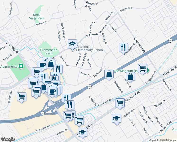 map of restaurants, bars, coffee shops, grocery stores, and more near 2650 Kennedy Drive in Corona