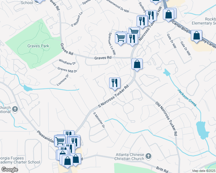 map of restaurants, bars, coffee shops, grocery stores, and more near 1286 Southern Woods Drive in Tucker