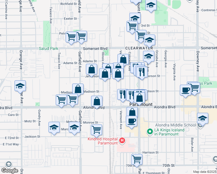 map of restaurants, bars, coffee shops, grocery stores, and more near 15538 Rosales Alley in Paramount