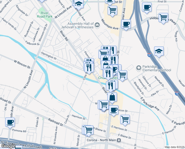 map of restaurants, bars, coffee shops, grocery stores, and more near in Corona