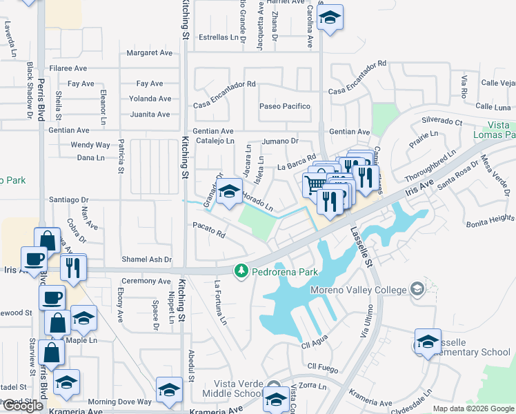 map of restaurants, bars, coffee shops, grocery stores, and more near 25755 Horado Lane in Moreno Valley