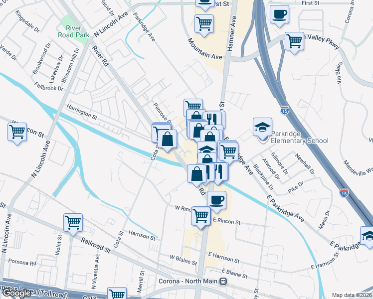 map of restaurants, bars, coffee shops, grocery stores, and more near 864 Calaveras Way in Corona