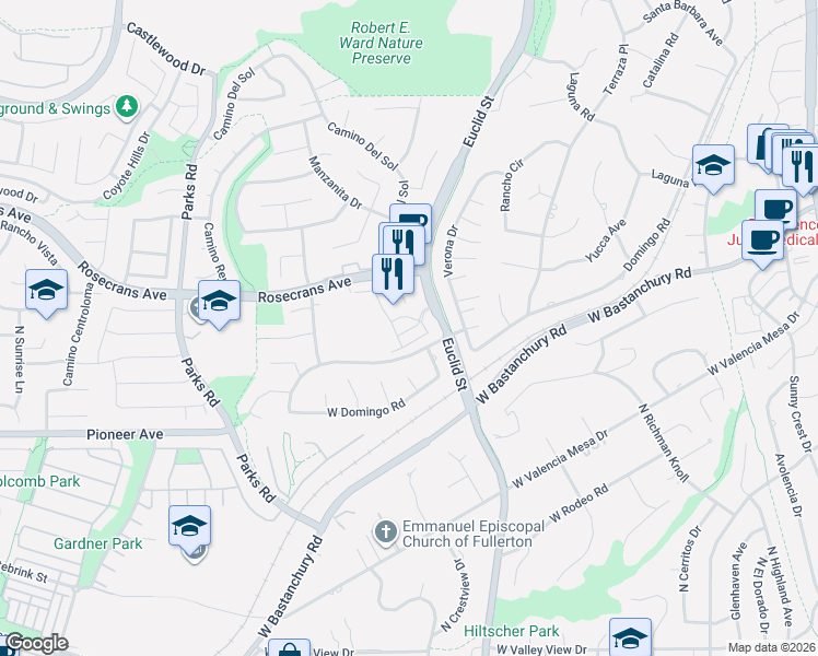 map of restaurants, bars, coffee shops, grocery stores, and more near 1022 Currant Road in Fullerton