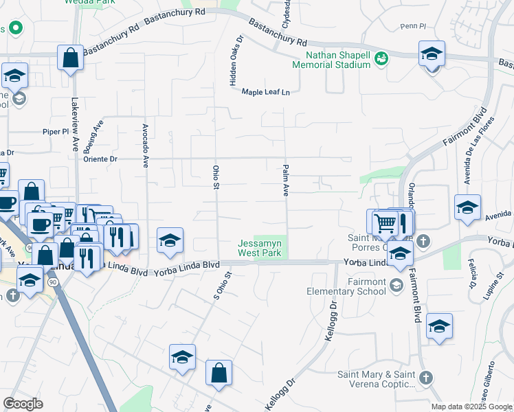 map of restaurants, bars, coffee shops, grocery stores, and more near 4777 Palm Avenue in Yorba Linda