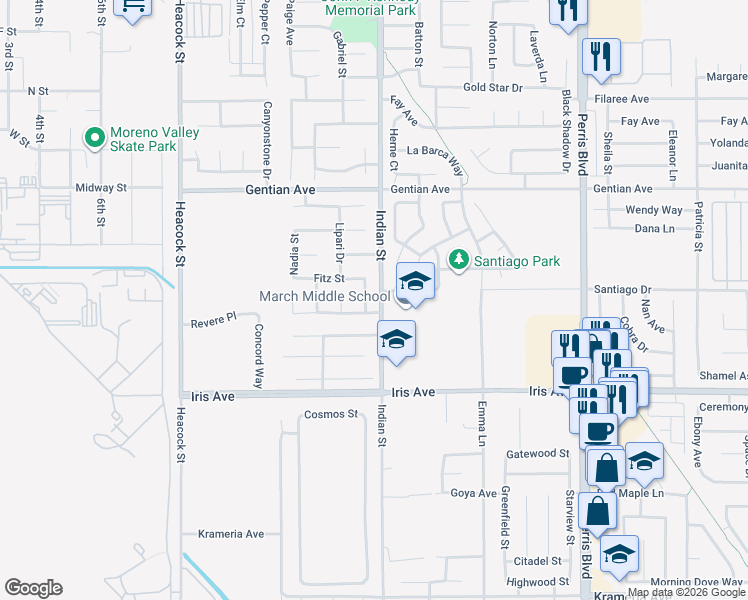 map of restaurants, bars, coffee shops, grocery stores, and more near 24477 Wildwood Street in Moreno Valley