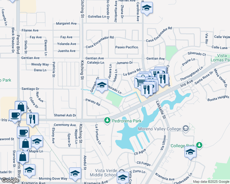 map of restaurants, bars, coffee shops, grocery stores, and more near 25755 Horado Lane in Moreno Valley