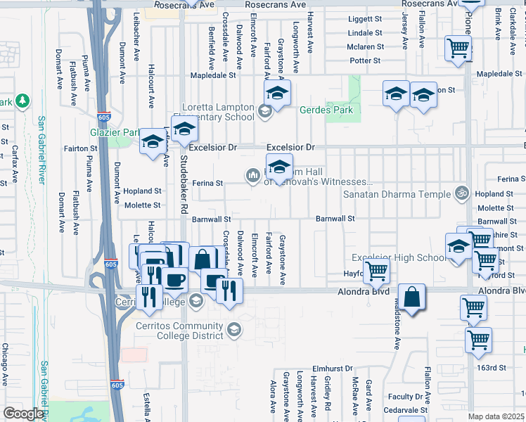 map of restaurants, bars, coffee shops, grocery stores, and more near 11217 Barnwall Street in Norwalk
