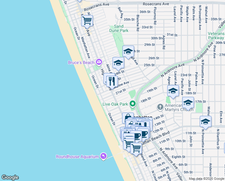 map of restaurants, bars, coffee shops, grocery stores, and more near 2016 Highland Avenue in Manhattan Beach
