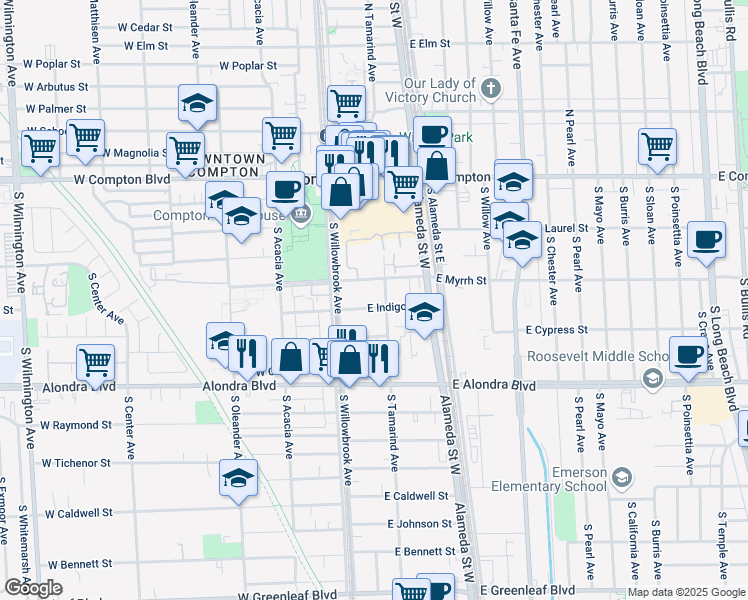 map of restaurants, bars, coffee shops, grocery stores, and more near 137 1/2 East Indigo Street in Compton
