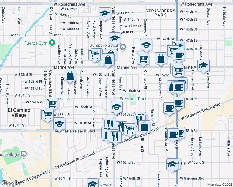 map of restaurants, bars, coffee shops, grocery stores, and more near 15403 Haas Avenue in Gardena