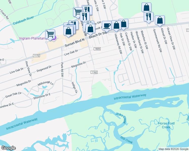 map of restaurants, bars, coffee shops, grocery stores, and more near in Sunset Beach
