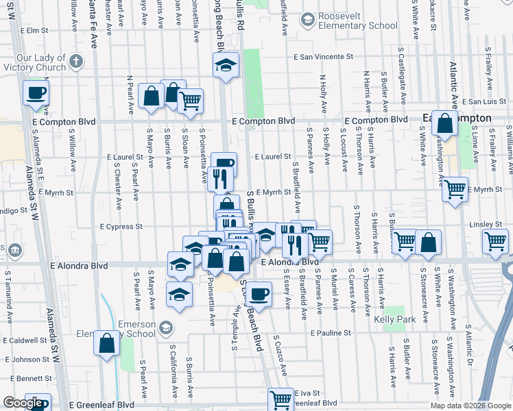 map of restaurants, bars, coffee shops, grocery stores, and more near 608 South Bullis Road in Compton