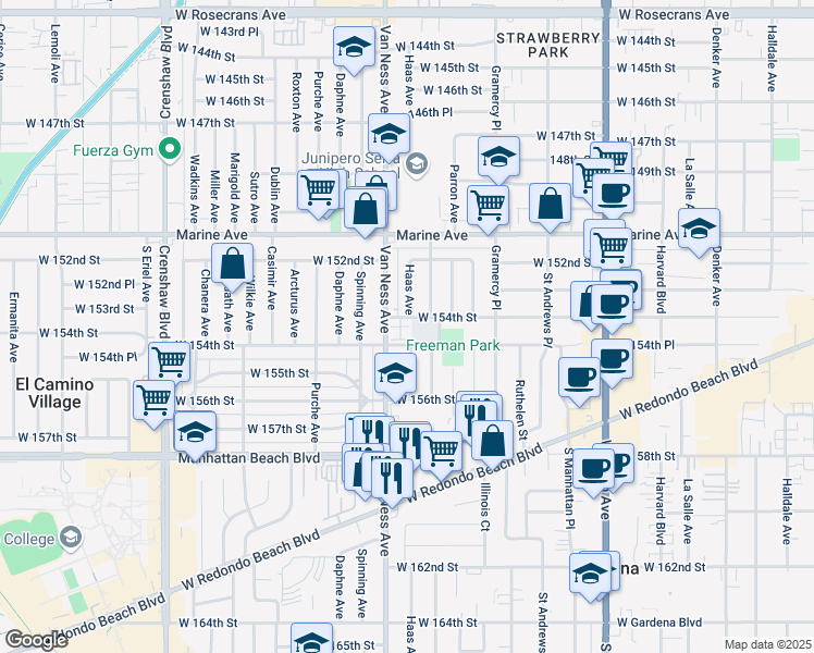 map of restaurants, bars, coffee shops, grocery stores, and more near 15403 Haas Avenue in Gardena