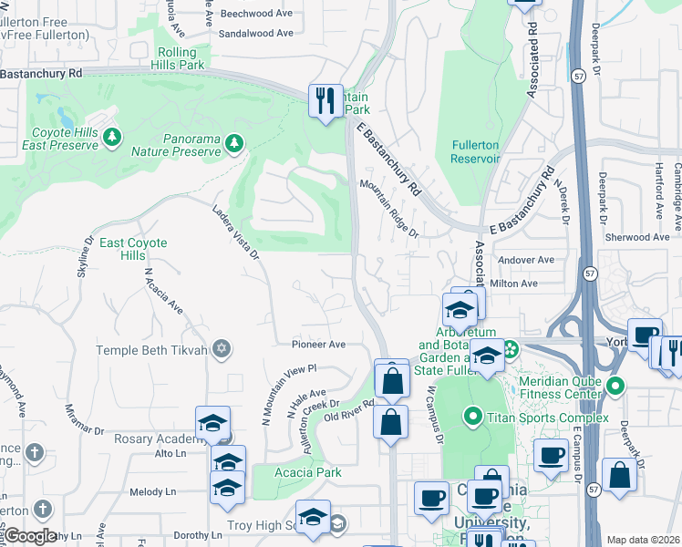 map of restaurants, bars, coffee shops, grocery stores, and more near 2133 Mendocino Street in Fullerton