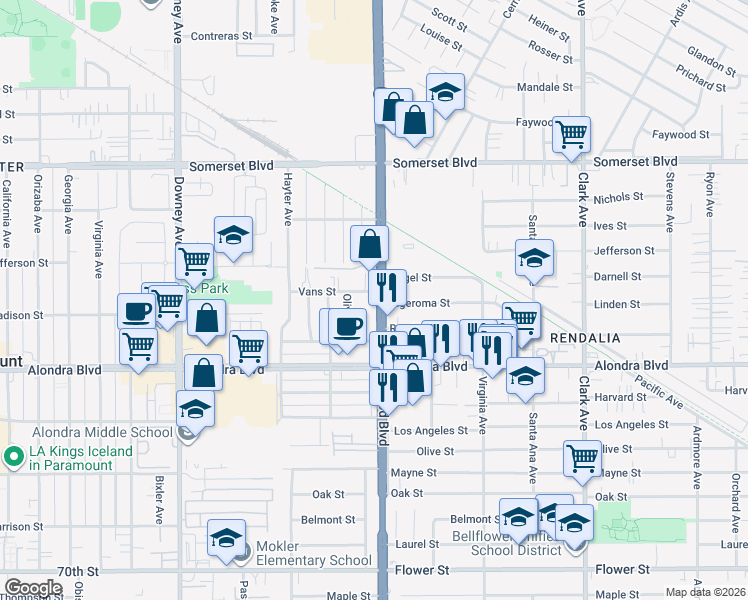 map of restaurants, bars, coffee shops, grocery stores, and more near 15717 Lakewood Boulevard in Paramount