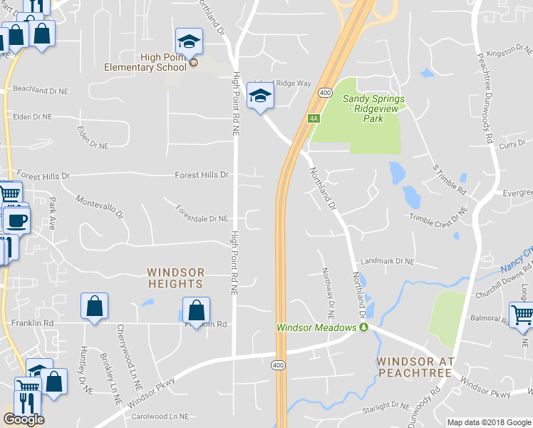 map of restaurants, bars, coffee shops, grocery stores, and more near 135 High Point Walk Northeast in Atlanta