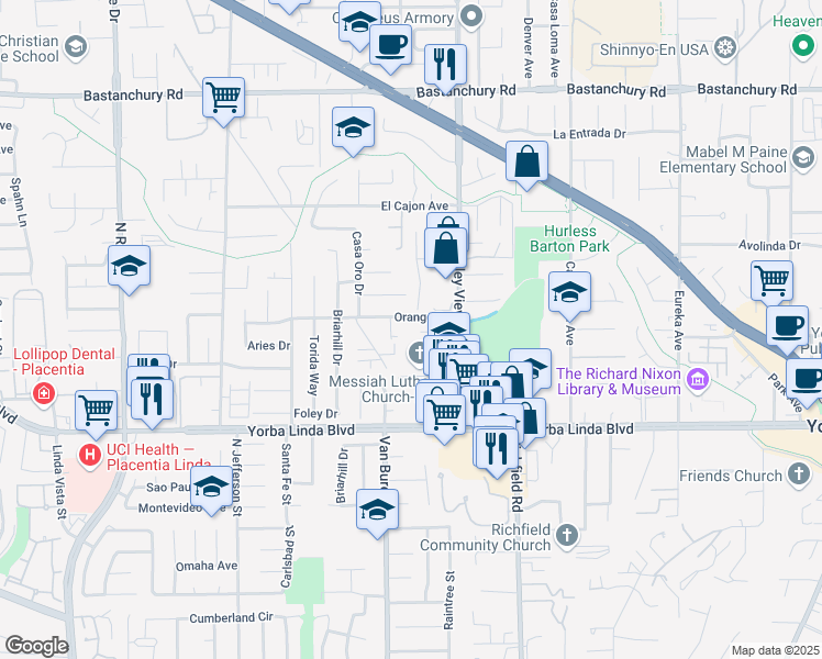 map of restaurants, bars, coffee shops, grocery stores, and more near 17400 Abbey Lane in Yorba Linda