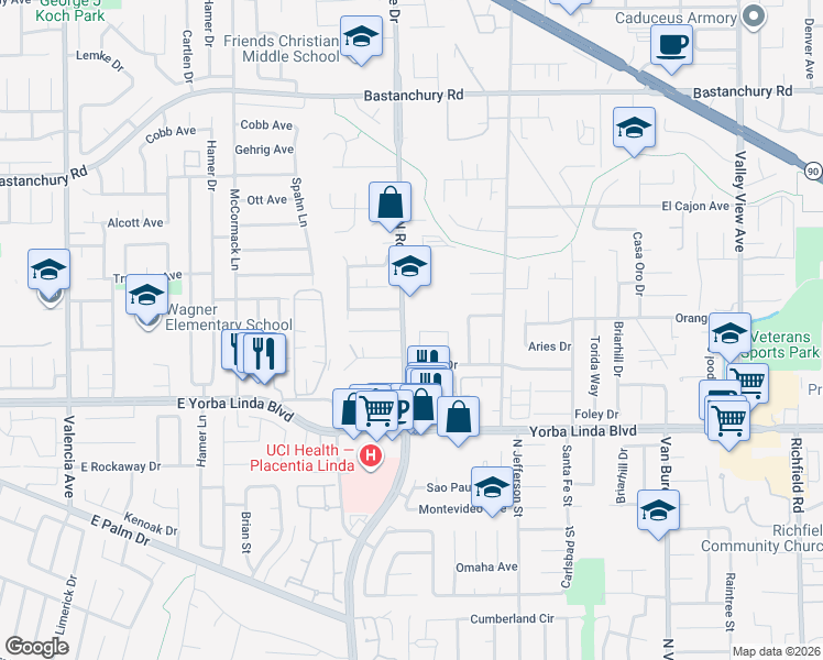 map of restaurants, bars, coffee shops, grocery stores, and more near 4801 Lavell Drive in Yorba Linda
