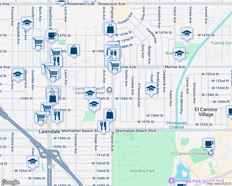 map of restaurants, bars, coffee shops, grocery stores, and more near 4130 West 154th Street in Lawndale