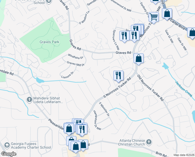 map of restaurants, bars, coffee shops, grocery stores, and more near 1311 Dogwood Lane in Tucker