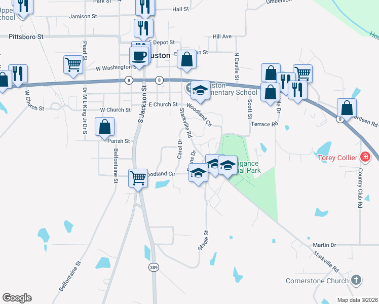 map of restaurants, bars, coffee shops, grocery stores, and more near 101-199 Evans Drive in Houston