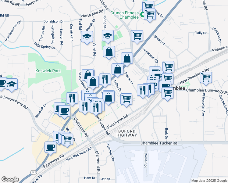 map of restaurants, bars, coffee shops, grocery stores, and more near 3450 Miller Drive in Chamblee