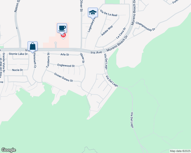 map of restaurants, bars, coffee shops, grocery stores, and more near 27693 El Cabrillo Court in Moreno Valley