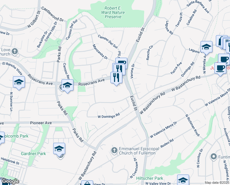 map of restaurants, bars, coffee shops, grocery stores, and more near in Fullerton