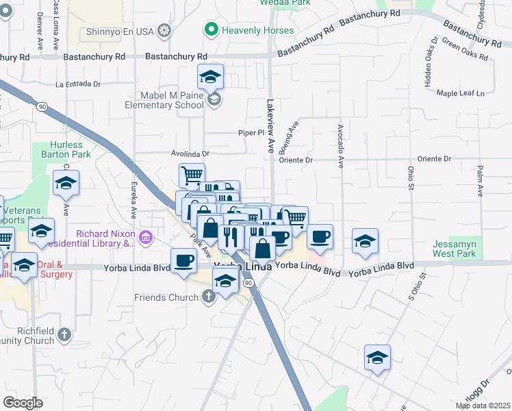 map of restaurants, bars, coffee shops, grocery stores, and more near 18421 Lemon Drive in Yorba Linda