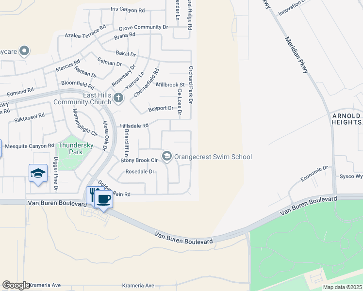 map of restaurants, bars, coffee shops, grocery stores, and more near 20865 Oakdale Lane in Riverside