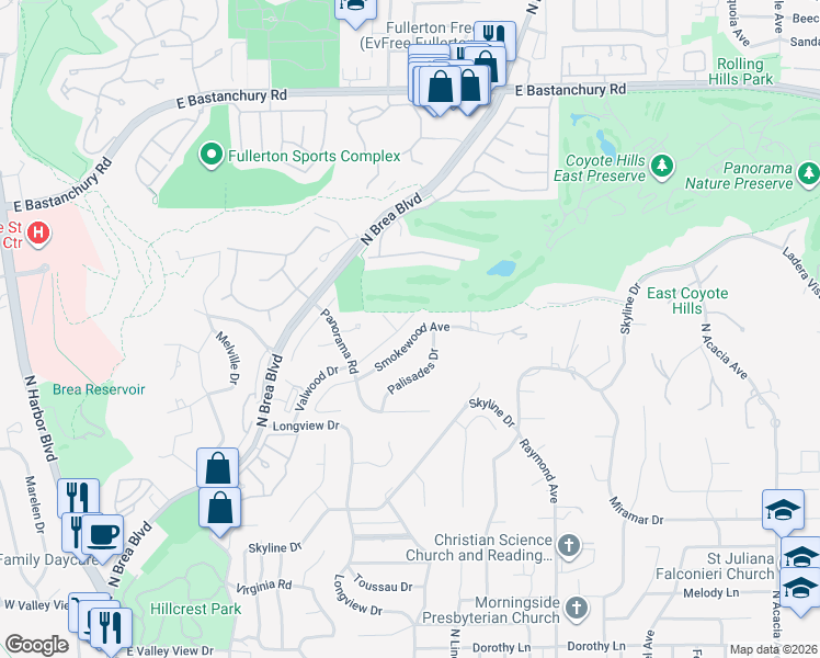 map of restaurants, bars, coffee shops, grocery stores, and more near 2073 Smokewood Avenue in Fullerton