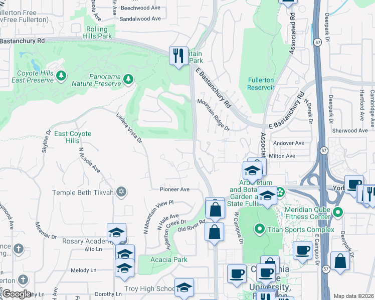 map of restaurants, bars, coffee shops, grocery stores, and more near 2133 Mendocino Street in Fullerton