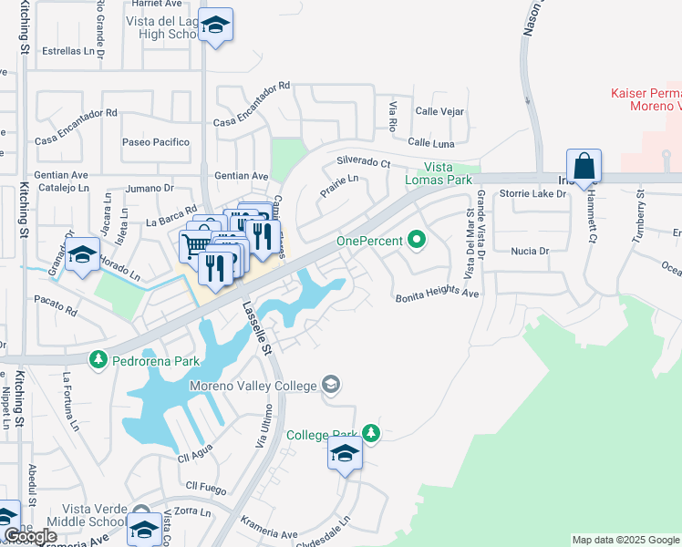 map of restaurants, bars, coffee shops, grocery stores, and more near 26311 Iris Avenue in Moreno Valley
