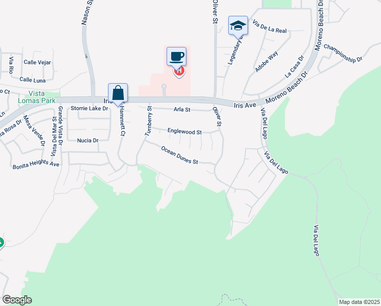 map of restaurants, bars, coffee shops, grocery stores, and more near 27405 Ocean Dunes Street in Moreno Valley