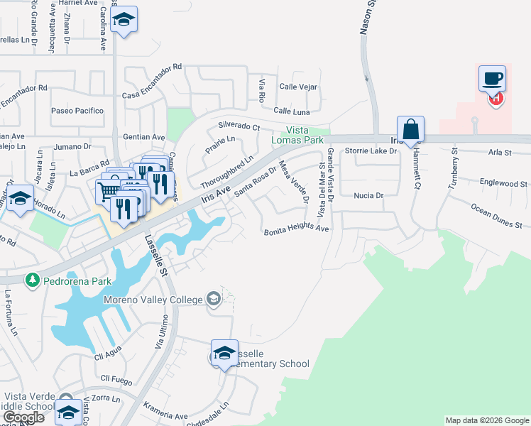 map of restaurants, bars, coffee shops, grocery stores, and more near 26540 Bonita Heights Avenue in Moreno Valley