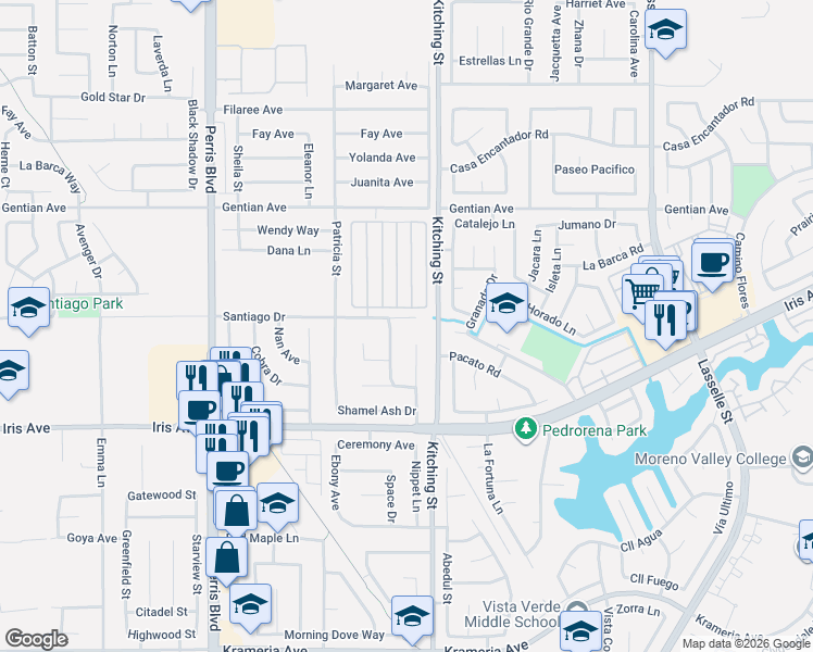 map of restaurants, bars, coffee shops, grocery stores, and more near 15760 Farmstead Street in Moreno Valley