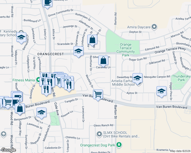 map of restaurants, bars, coffee shops, grocery stores, and more near 19818 Westerly Drive in Riverside