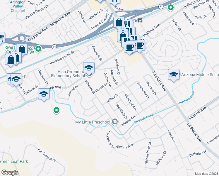 map of restaurants, bars, coffee shops, grocery stores, and more near 11411 Millard Drive in Riverside