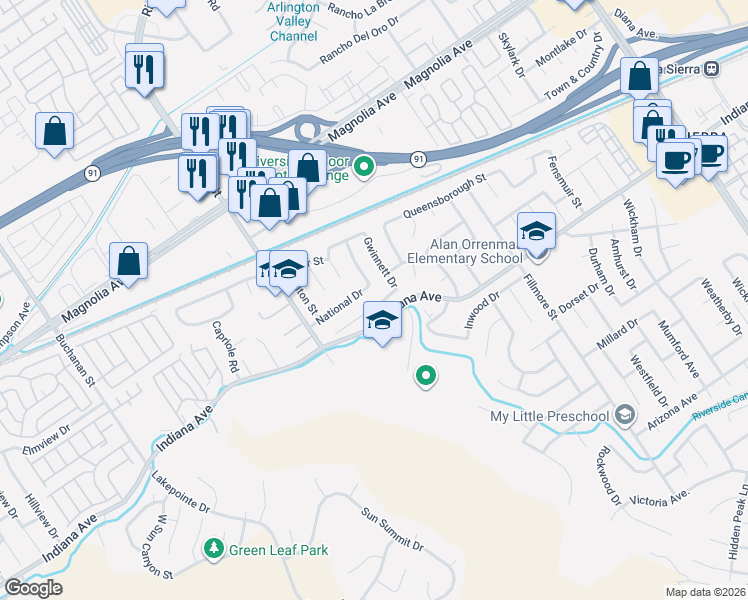 map of restaurants, bars, coffee shops, grocery stores, and more near 11750 Minuteman Drive in Riverside