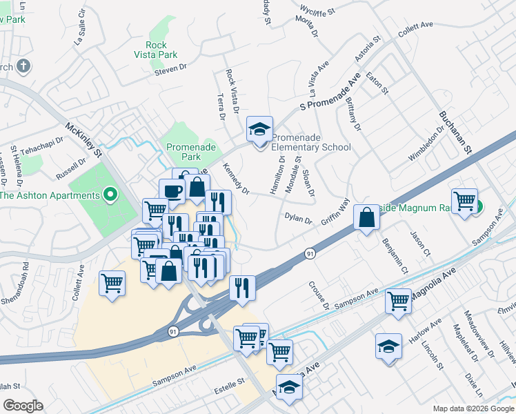 map of restaurants, bars, coffee shops, grocery stores, and more near 465 Ruth Circle in Corona