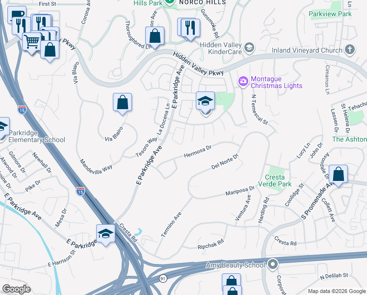 map of restaurants, bars, coffee shops, grocery stores, and more near 1359 Hermosa Drive in Corona