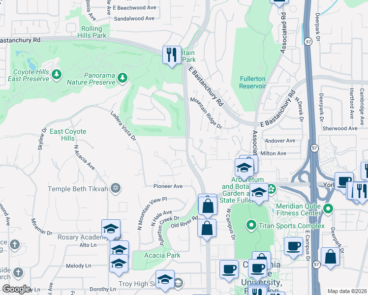 map of restaurants, bars, coffee shops, grocery stores, and more near 2120 Mendocino Street in Fullerton