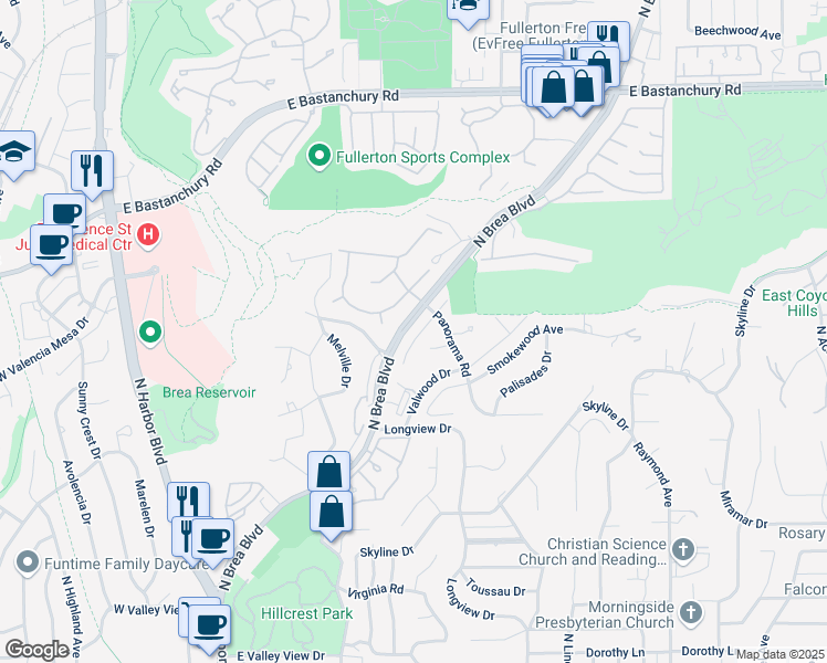 map of restaurants, bars, coffee shops, grocery stores, and more near 1908 Brentwood Drive in Fullerton
