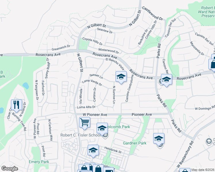 map of restaurants, bars, coffee shops, grocery stores, and more near 2109 Loma Alta Drive in Fullerton