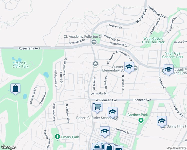 map of restaurants, bars, coffee shops, grocery stores, and more near 1727 North Gilbert Street in Fullerton